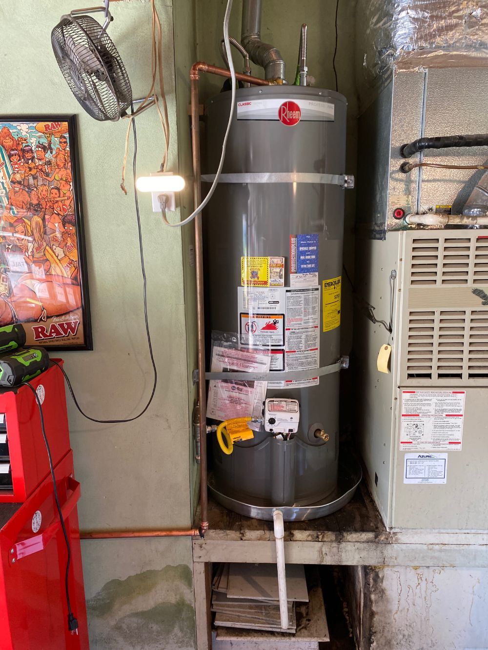 Removal old leaking water heater new rheem water heater stockton